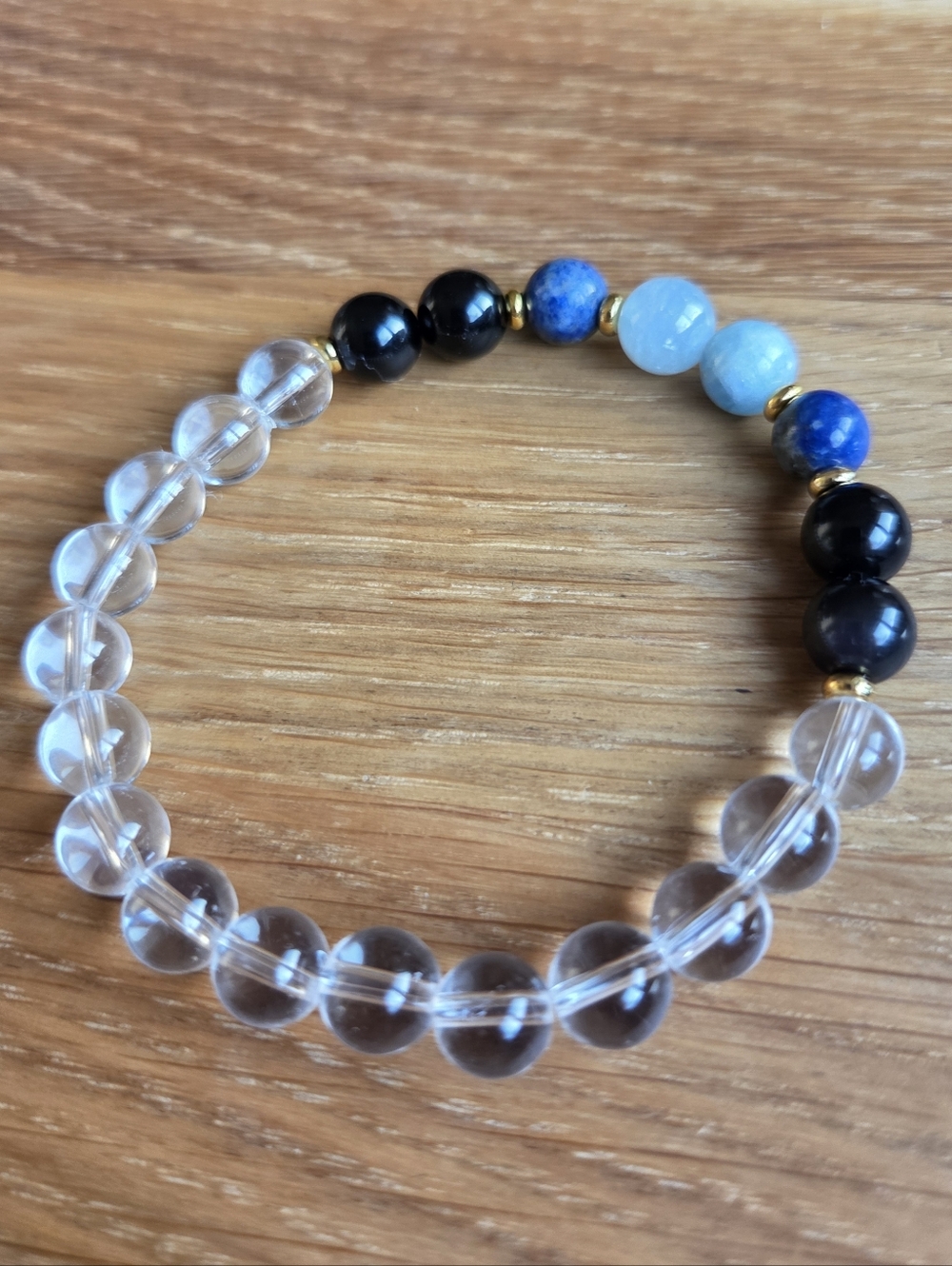 Clear Quartz & Blue Lapis Lazuli Bead Stretch Bracelet - Handcrafted
